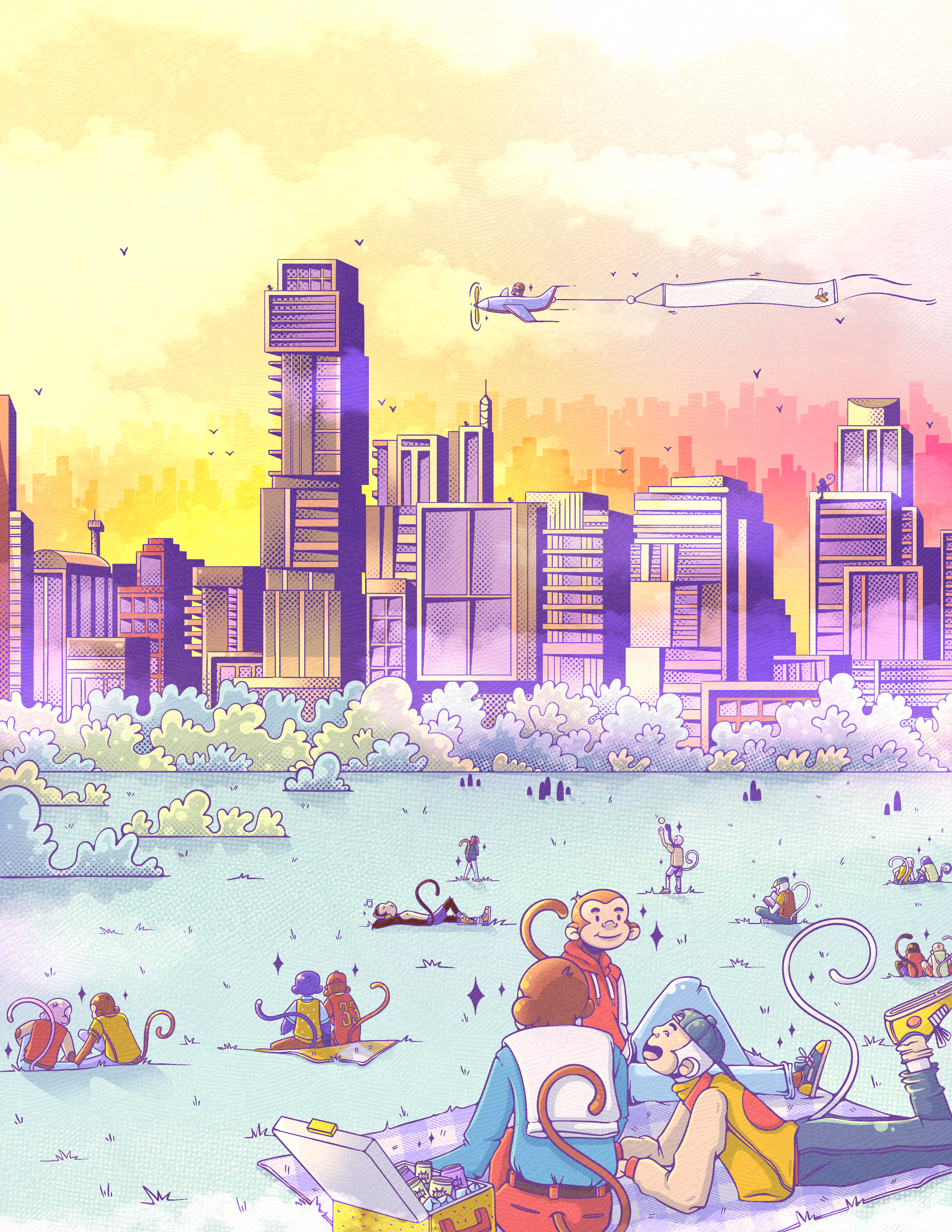 An assemble of monkies gathered on a lawn to gaze at a city skyline.